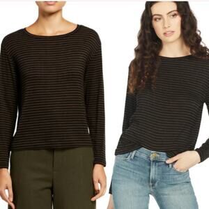 Vince. Women'sWool Blend Long Sleeve Striped Sweater Top L Black Green